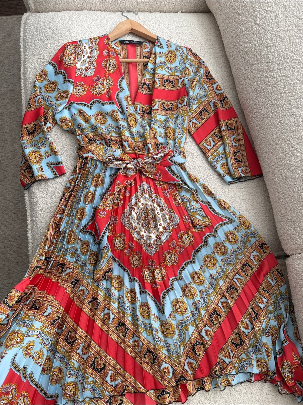 Zara Red and Light Blue Paisley-Print Midi Wrap Dress